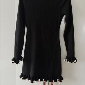 Black Long Sleeve Knit Dress with Contrast Ruffle Trim